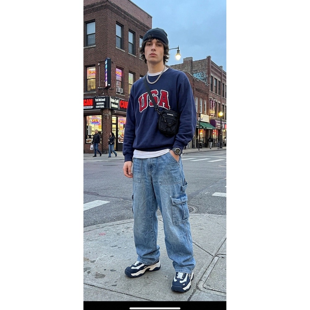 Vtg Steve Barrys Sweatshirt Adults L Navy USA Embroidered Retro Streetwear 90s